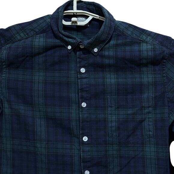 ASOS Men Shirt Size L Green Blue Plaid Button Up Long Sleeve Cotton Preppy - Picture 3 of 9